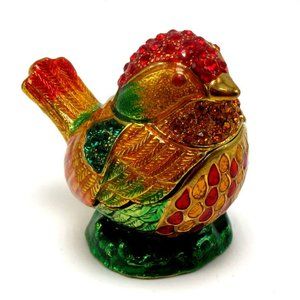 Vintage green, red and gold enamel & red rhinestone bird ring box - trinket box